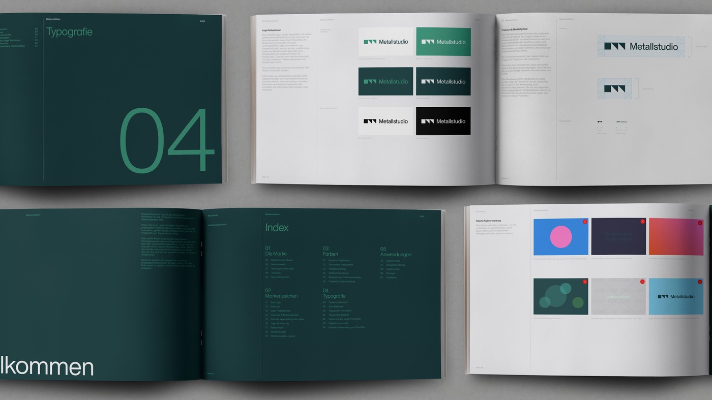 Metallstudio Brand Guide Übersicht mit Farben und Logoanwendungen