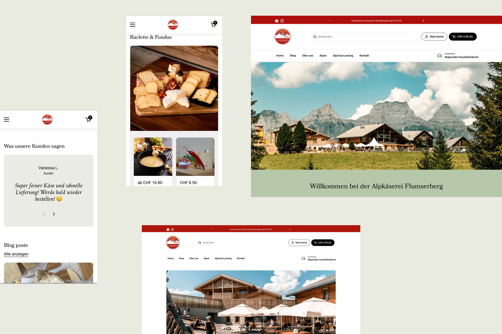 Alpkäserei Flumserberg Website in Desktop- und Mobile-Ansichten