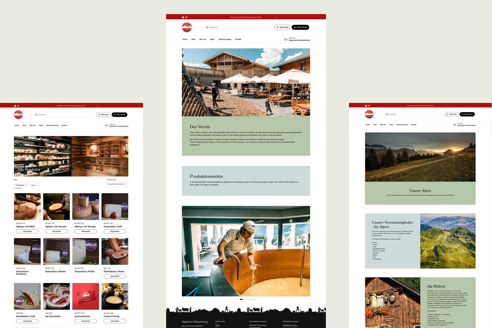 Alpkäserei Flumserberg Website mit mobilen Ansichten und Inhaltsseiten