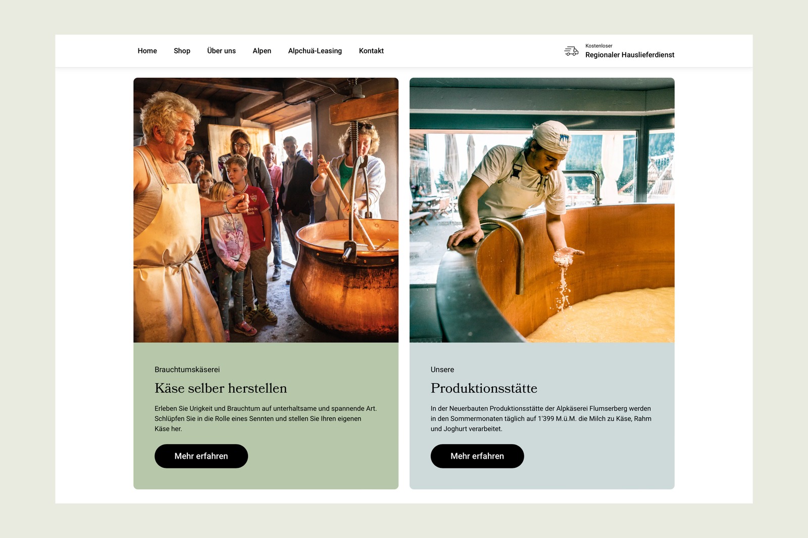 Alpkäserei Flumserberg Website mit Käserei- und Produktkarten