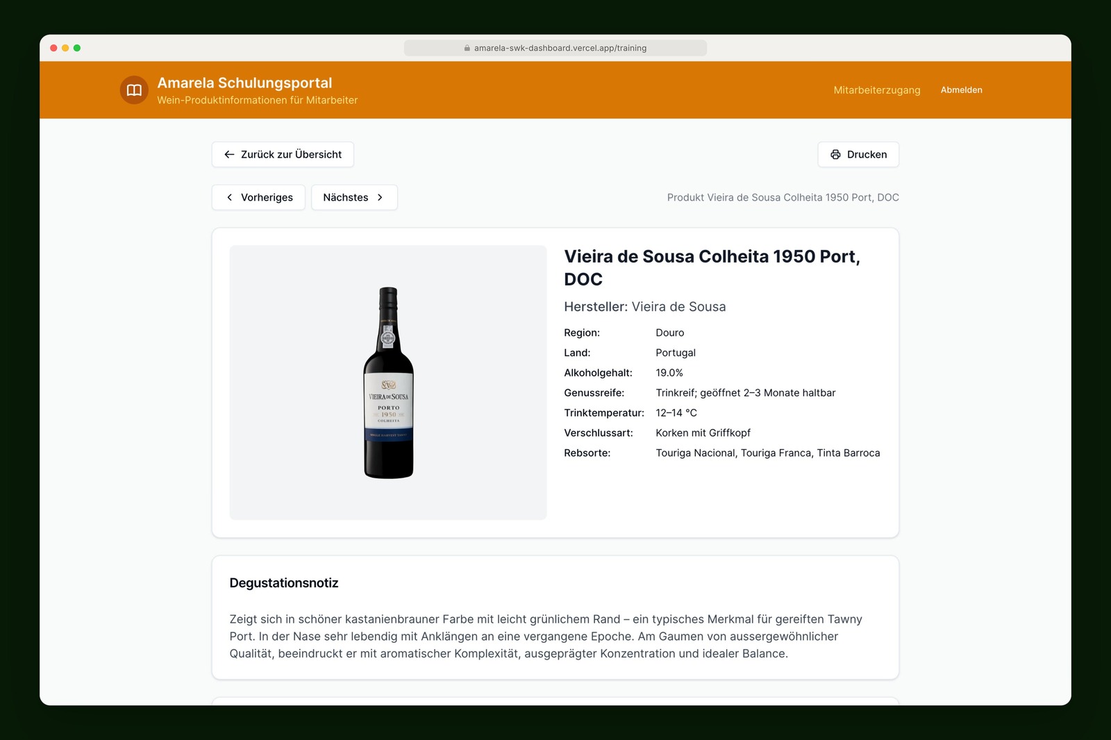 SWK app training portal with a wine profile