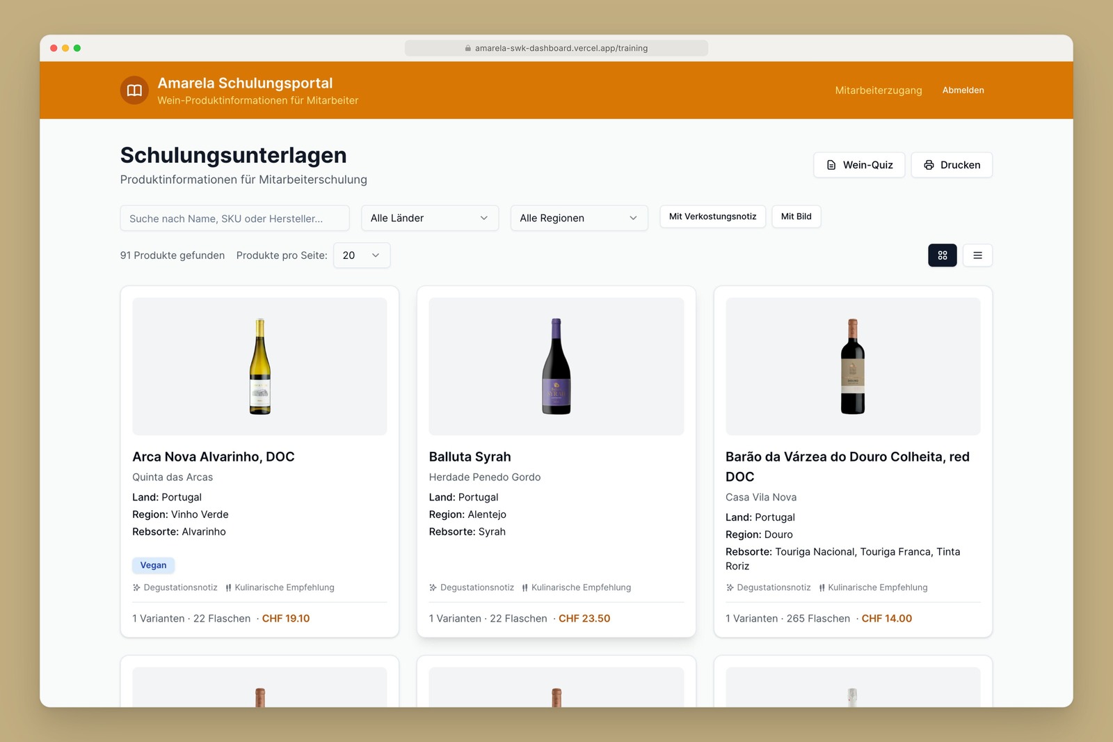 SWK app training portal with wine cards