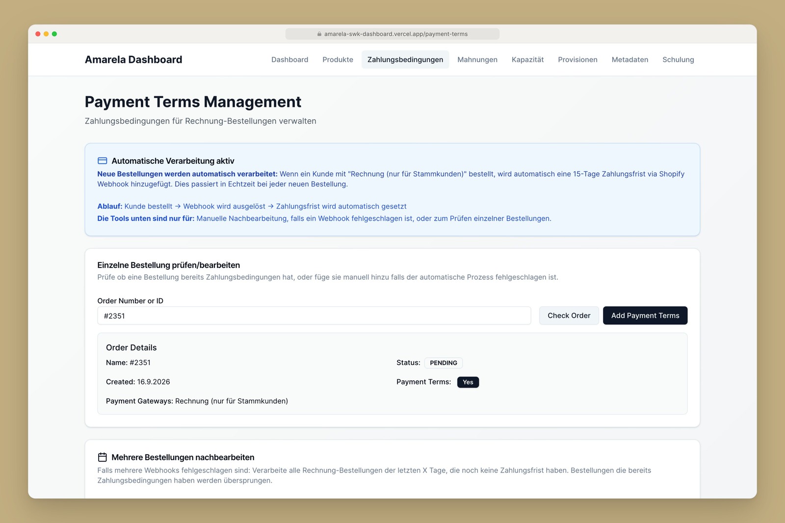 SWK app payment terms for an order