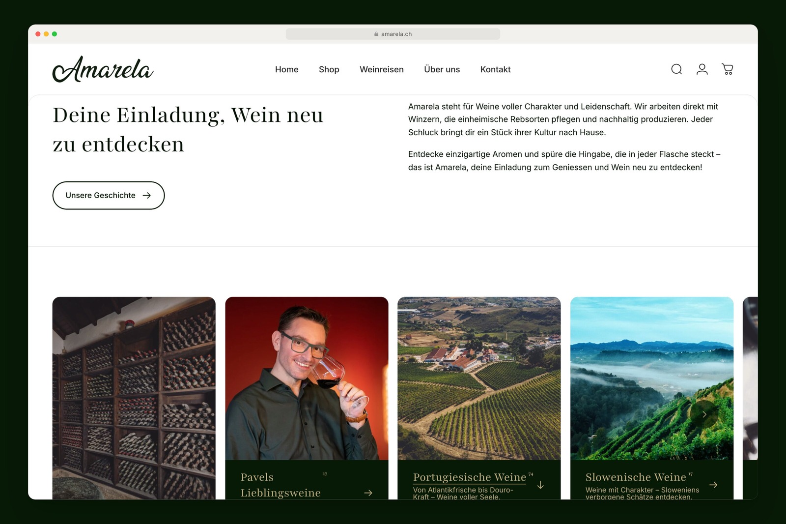 Amarela homepage with an invitation and collection cards