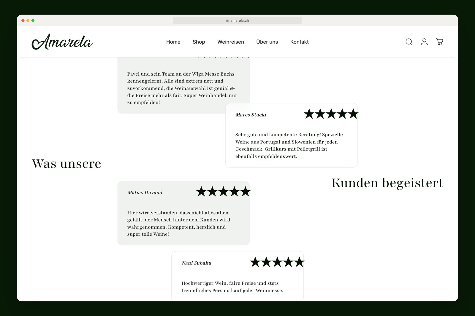 Amarela testimonials set between the split heading