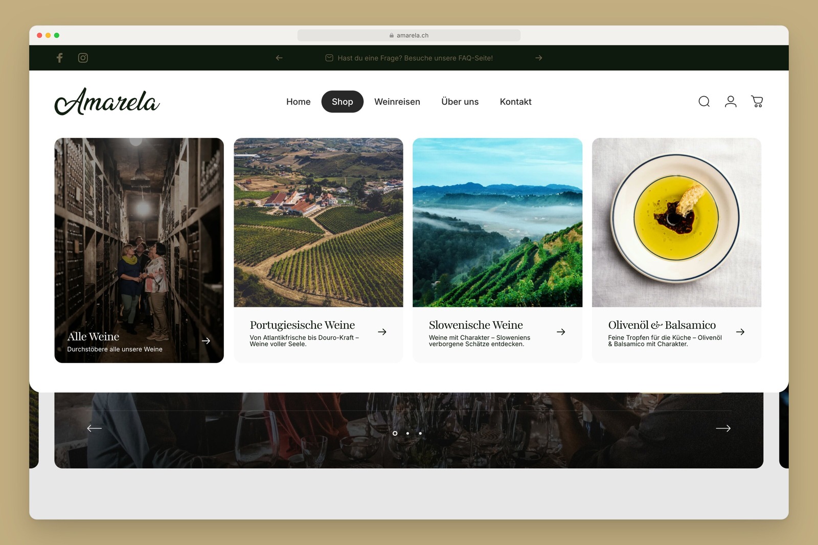 Amarela shop menu with collections