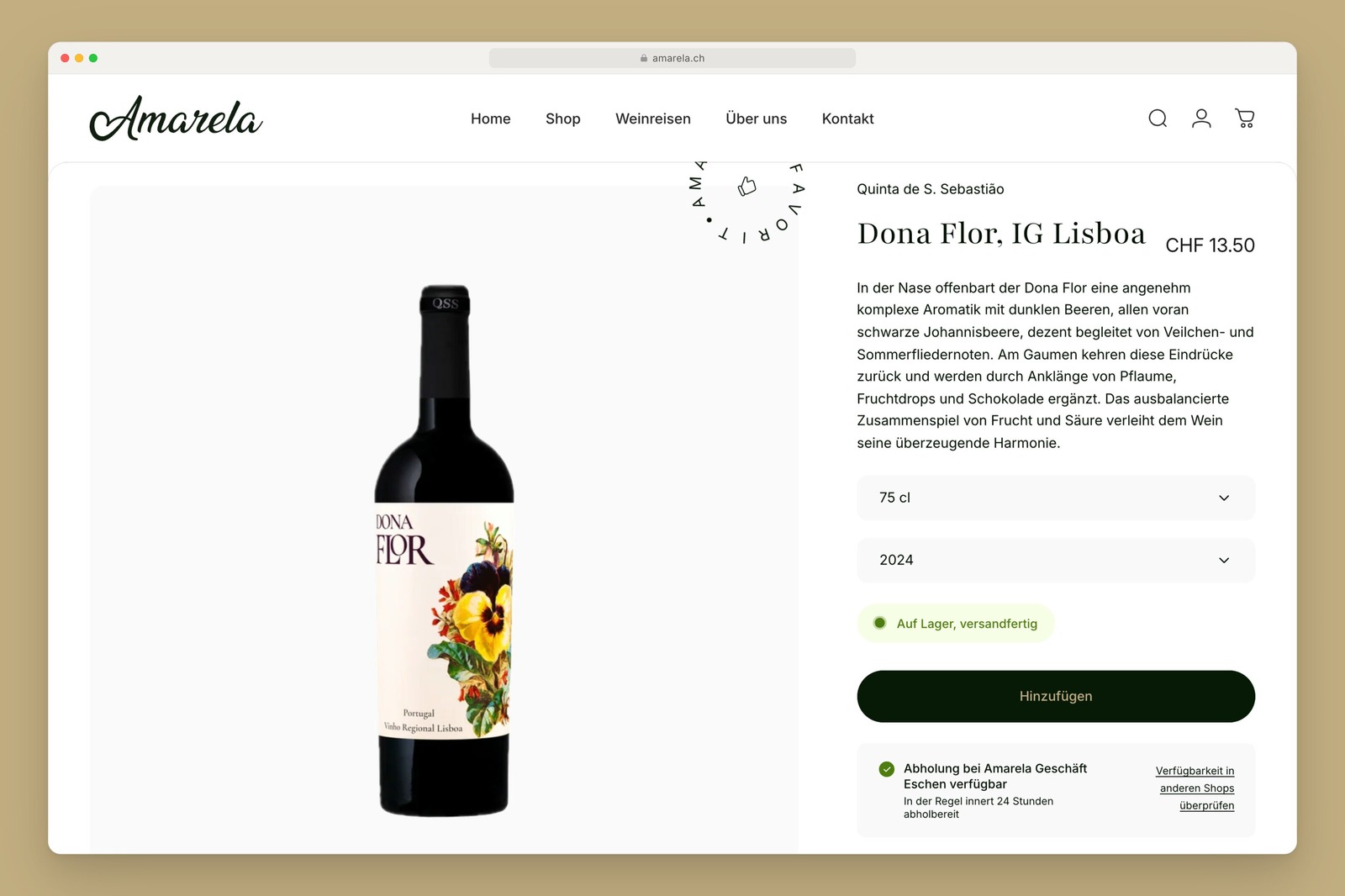 Amarela homepage with Dona Flor and the rotating favourite seal