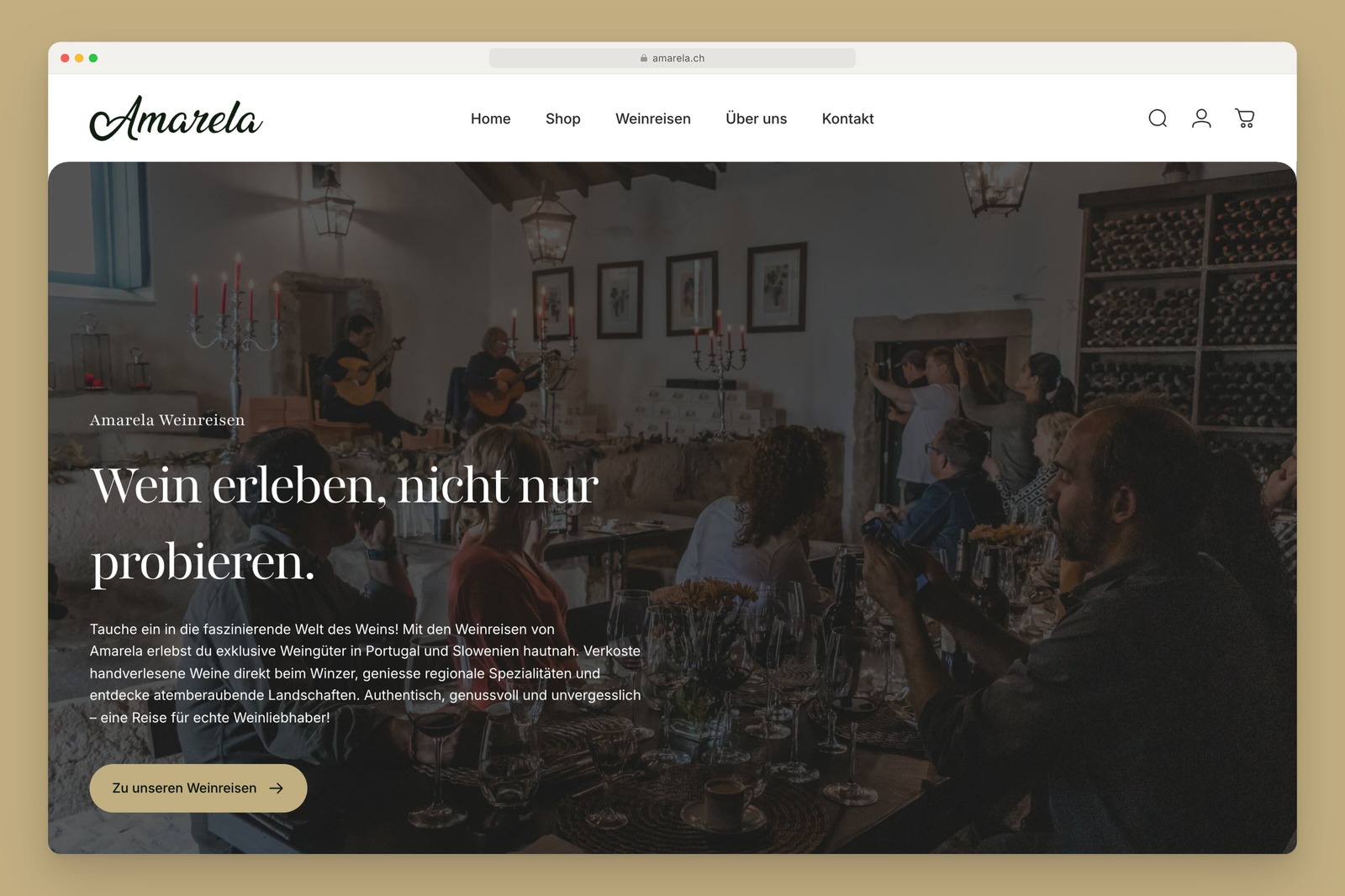 Amarela homepage with the wine trips banner