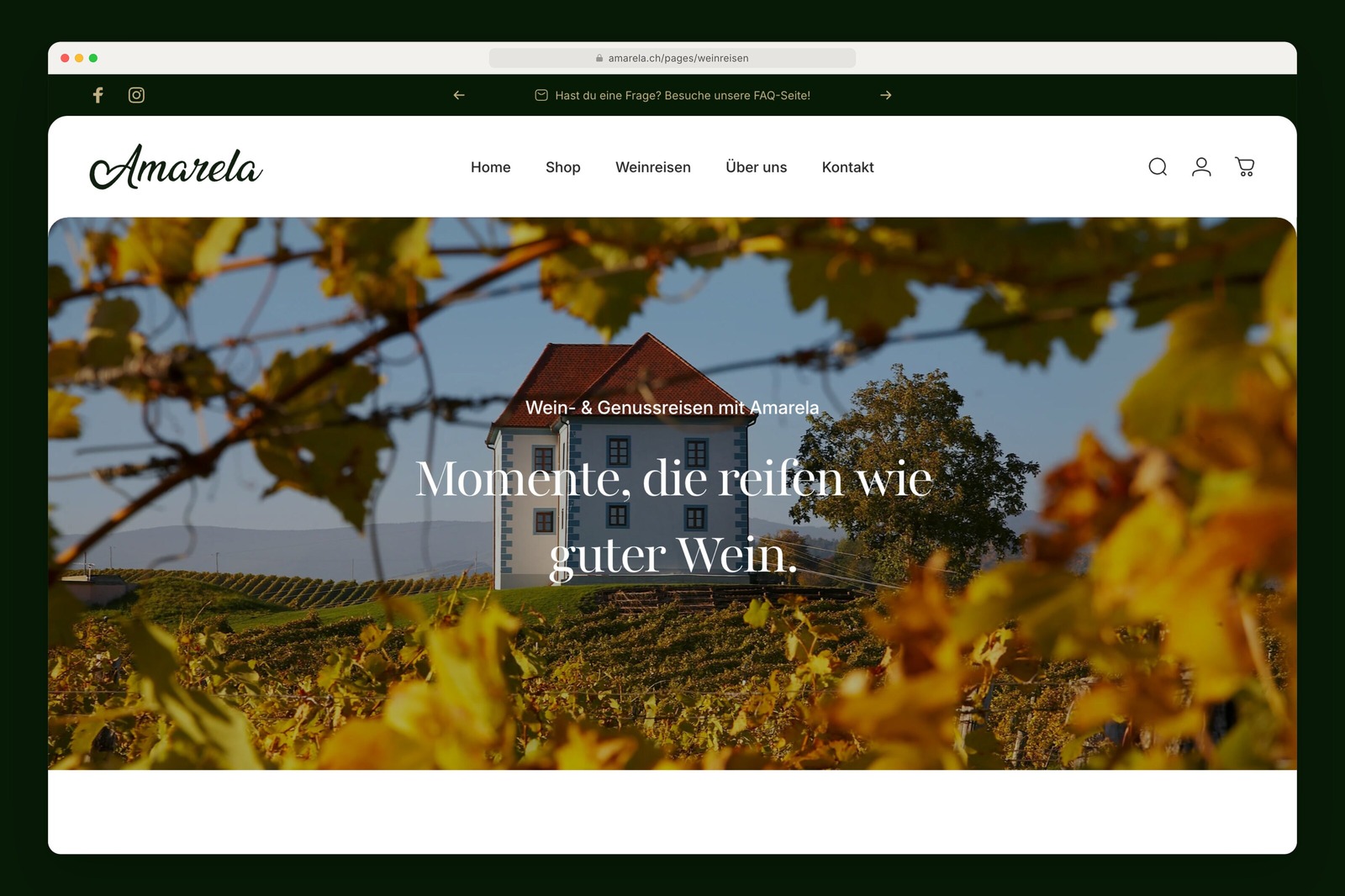 Amarela wine trips page with the video in the header