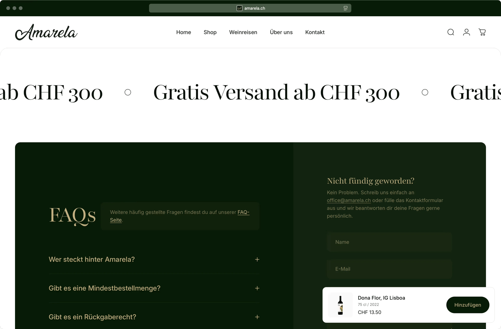 Amarela Website FAQ-Bereich mit Warenkorb-Overlay