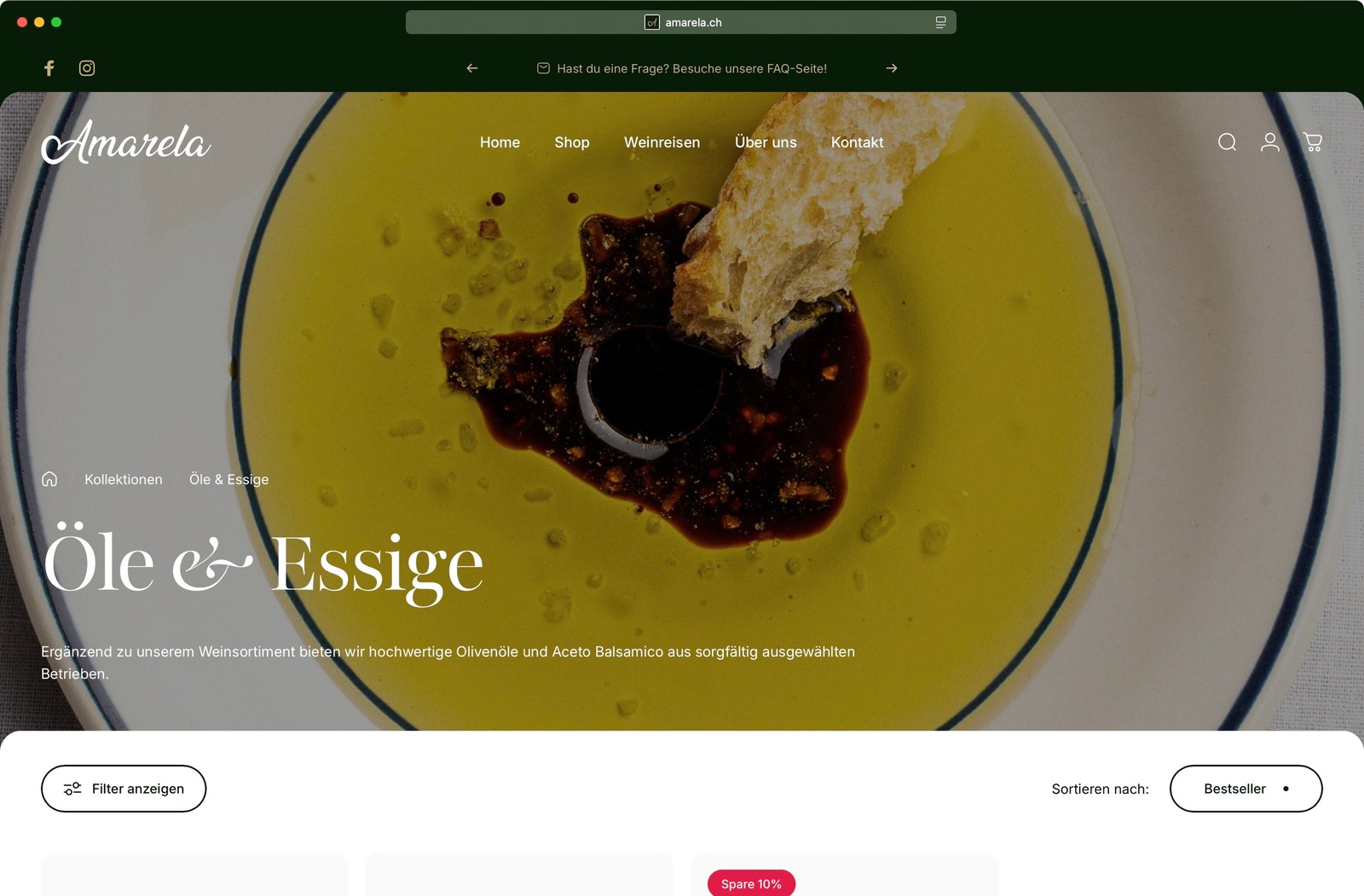 Amarela Website Landingpage für Öl und Essig