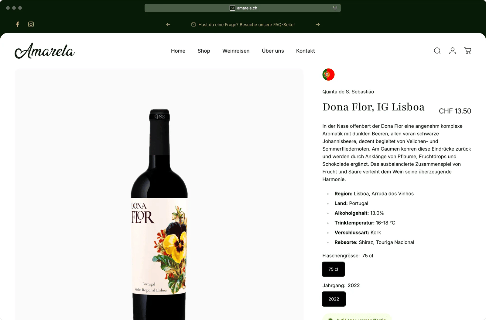 Amarela Website Produktseite mit Weinflasche und Warenkorb