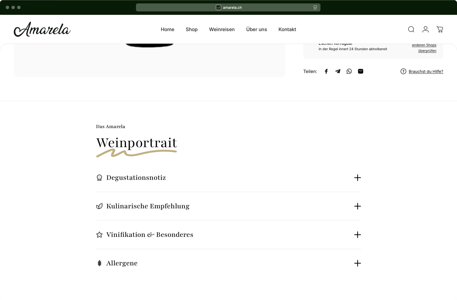 Amarela Website Weinportrait mit Akkordeon-Abschnitten