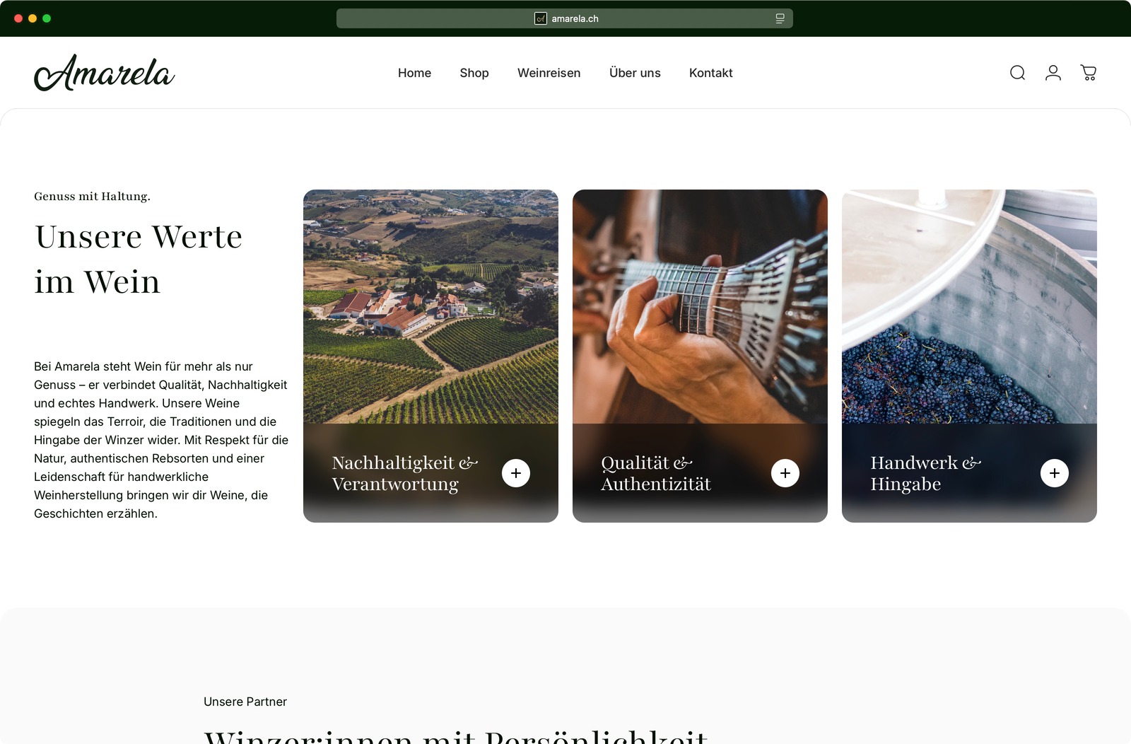 Amarela Website Wertebereich mit drei Bildkarten
