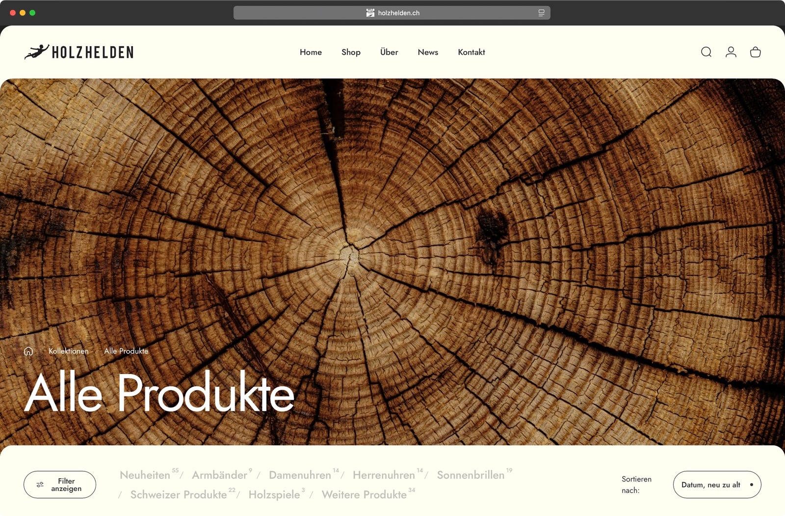 Holzhelden Website Produktübersicht mit Holzmaserung-Hero