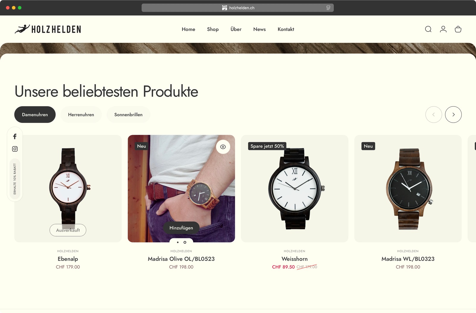 Holzhelden Website Produktkarussell mit beliebten Uhren