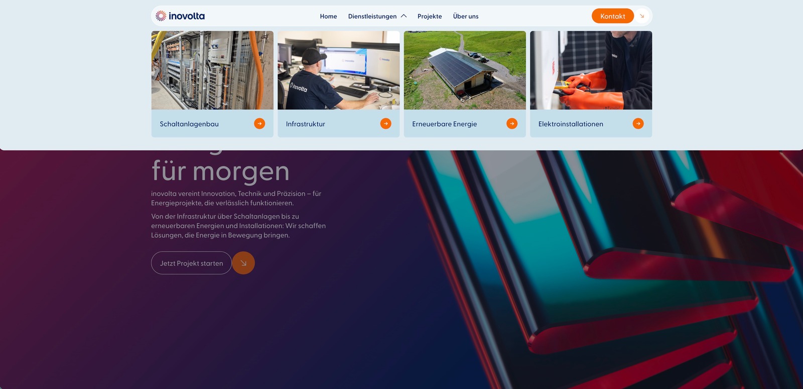 inovolta Website Startseite mit Hero und Projektkarten