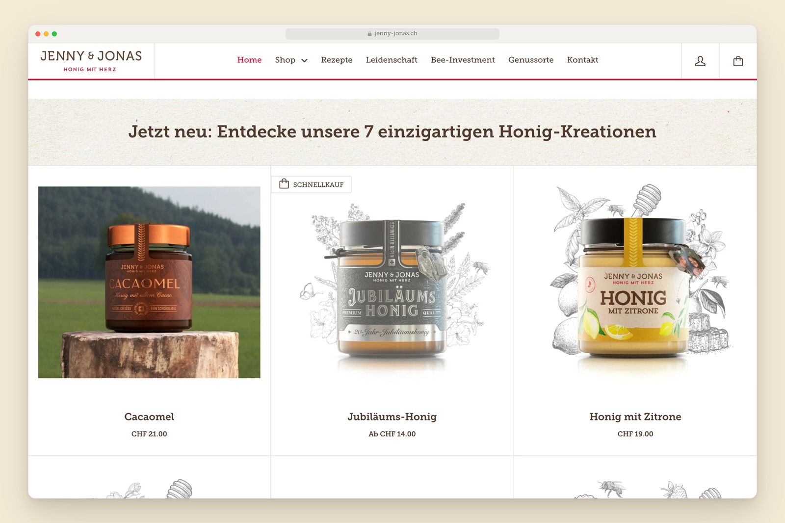 Jenny & Jonas home page with the seven new honey creations