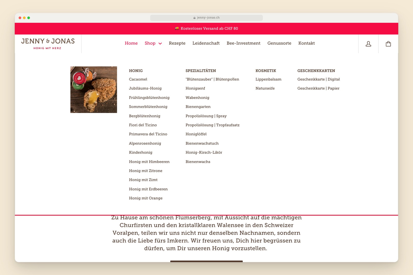 Jenny & Jonas shop menu with honeys, specialities, cosmetics and gift cards