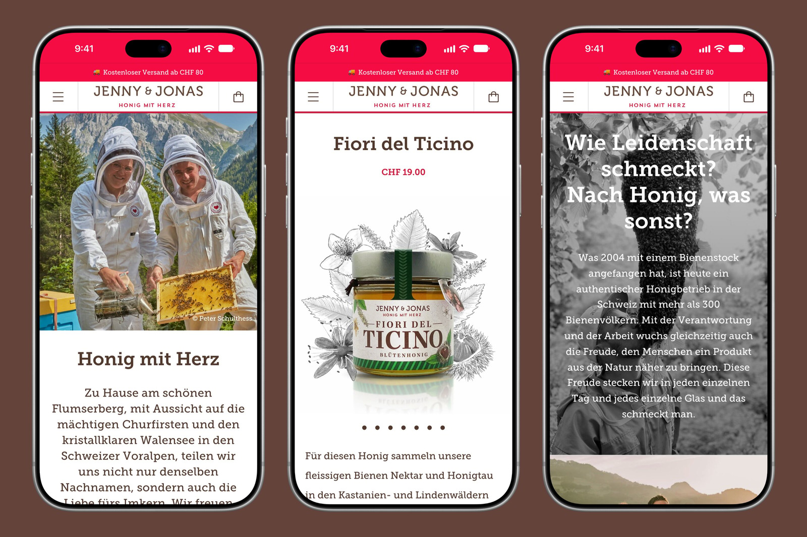 Jenny & Jonas website on three smartphones