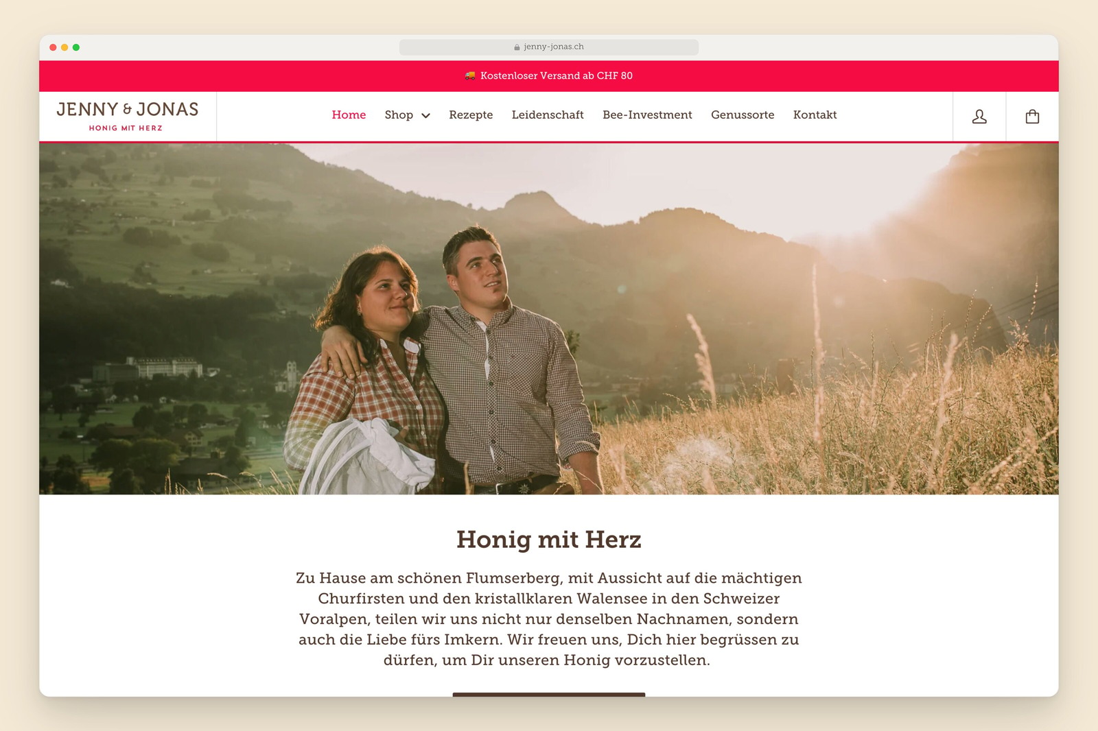 Jenny & Jonas home page with Jenny and Jonas in a field on the Flumserberg