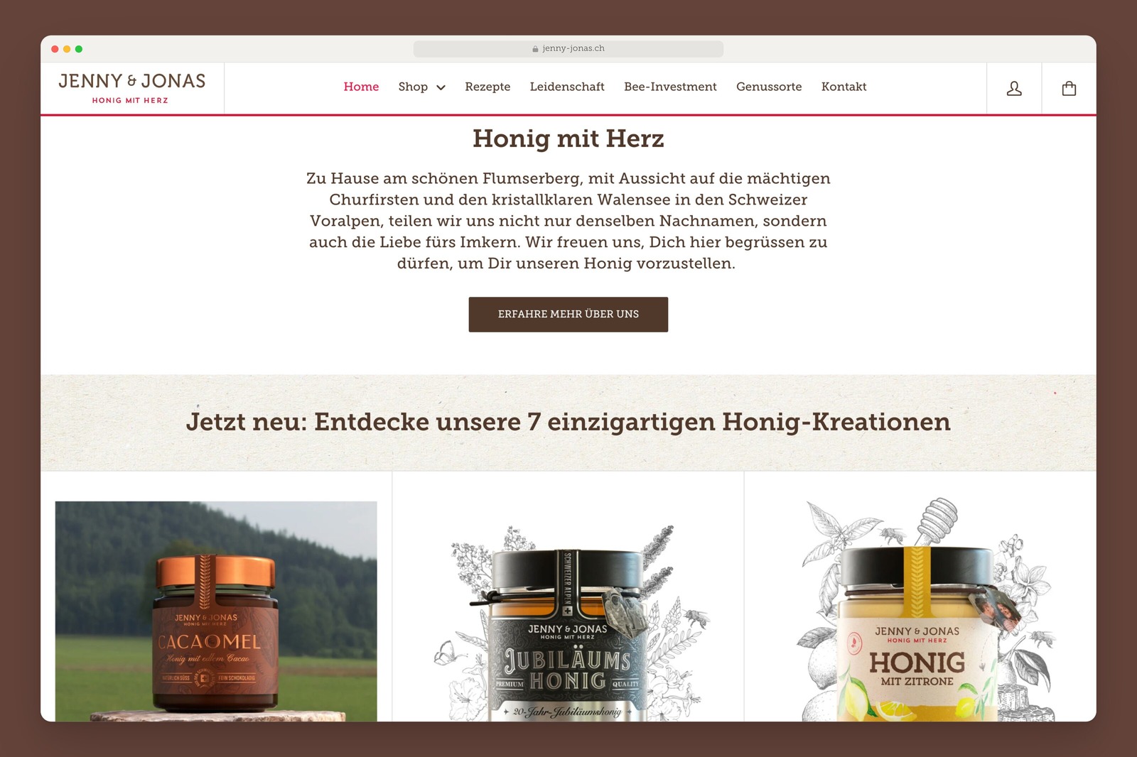 Jenny & Jonas home page with the greeting “Honey with heart”