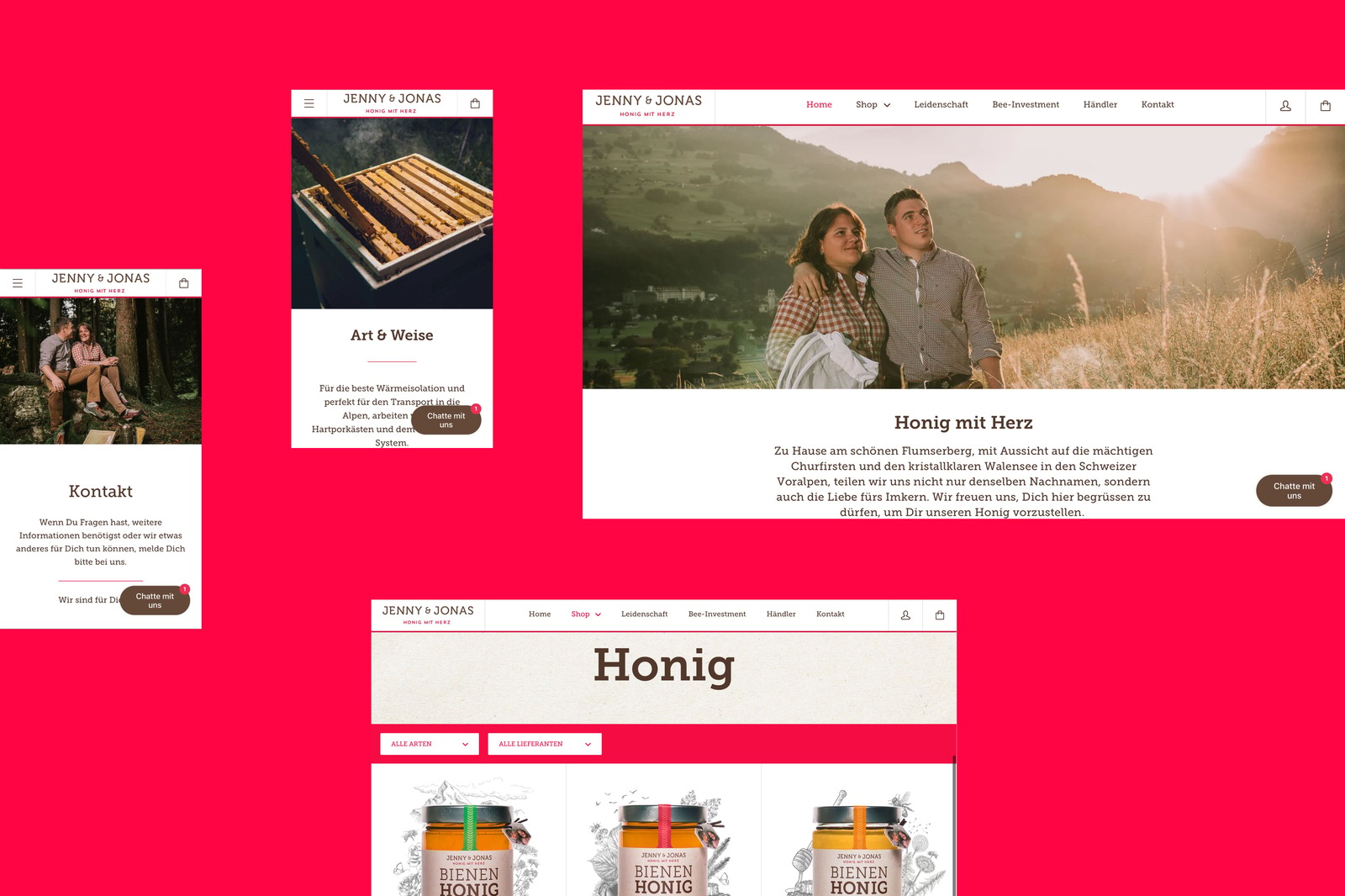 Jenny & Jonas Website in mehreren Desktop- und Mobile-Ansichten