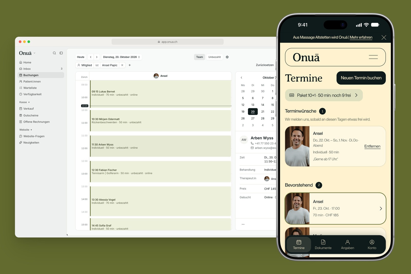 Onuā Praxis-App: Tagesansicht einer Therapeutin mit Termin daneben, daneben das Kundenkonto auf dem iPhone