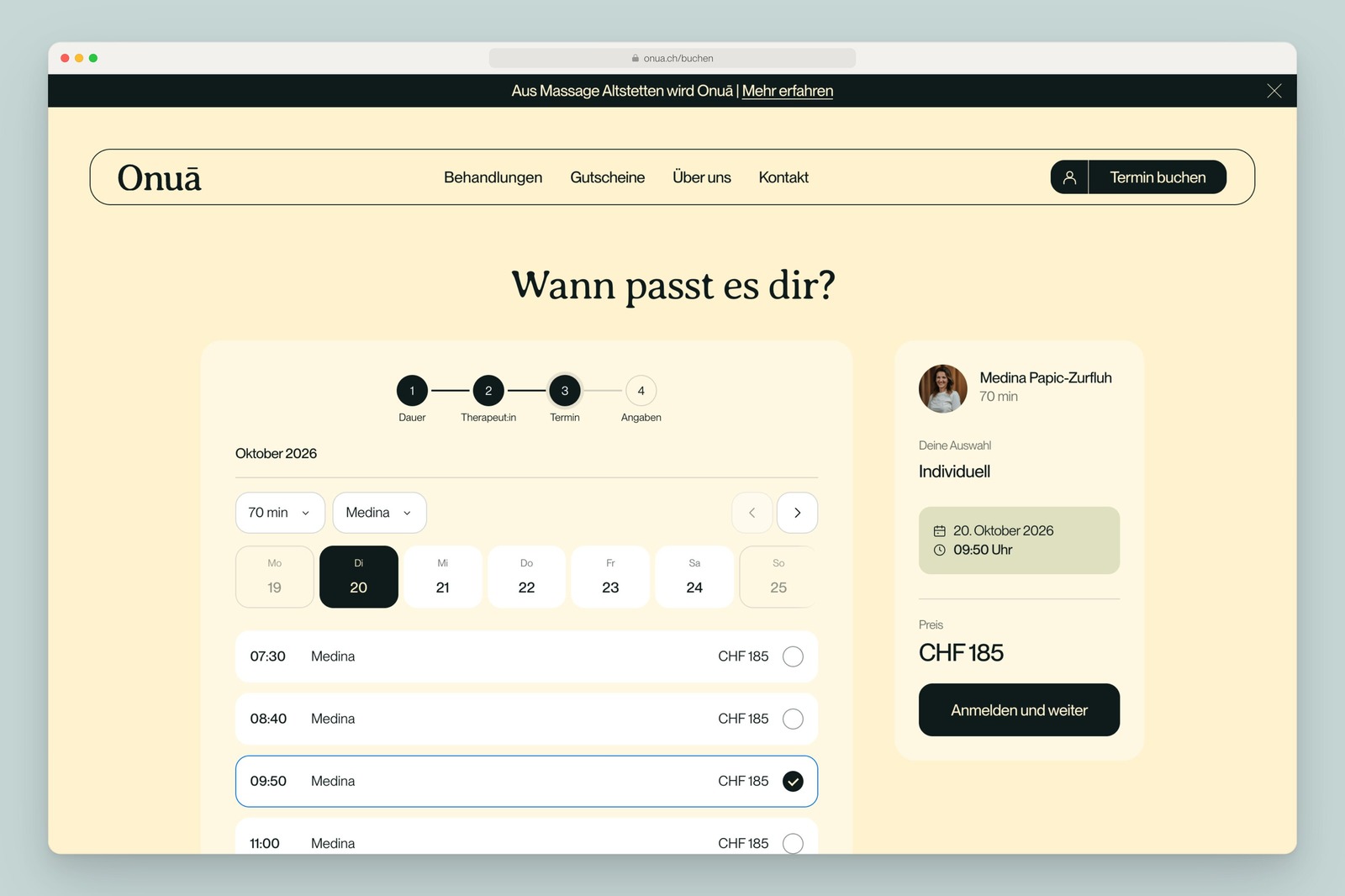 Onuā online booking: choosing an appointment with Medina