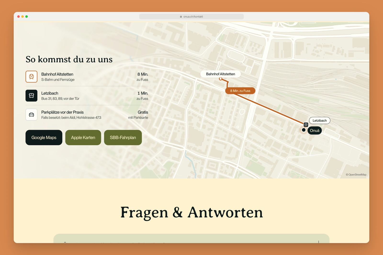 Onuā contact page with directions from Altstetten station to the practice