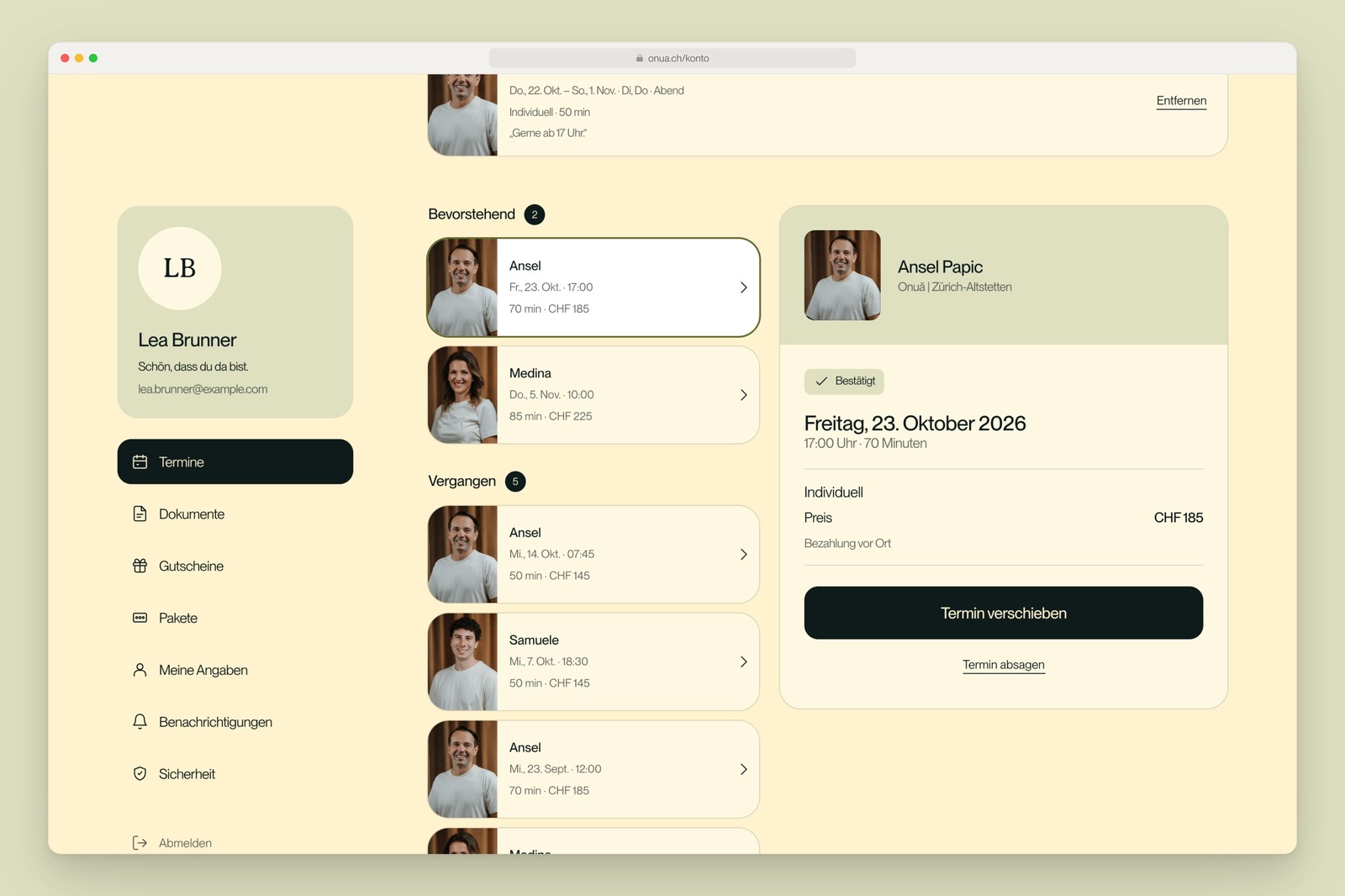 Onuā customer account with upcoming and past appointments