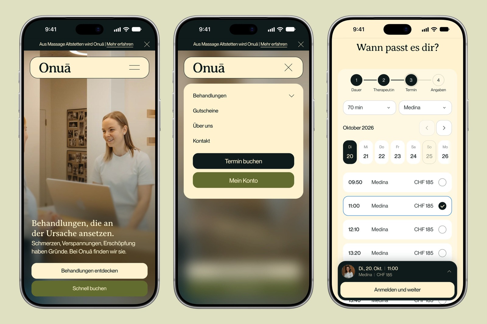 Onuā website on three iPhones: homepage, menu and booking