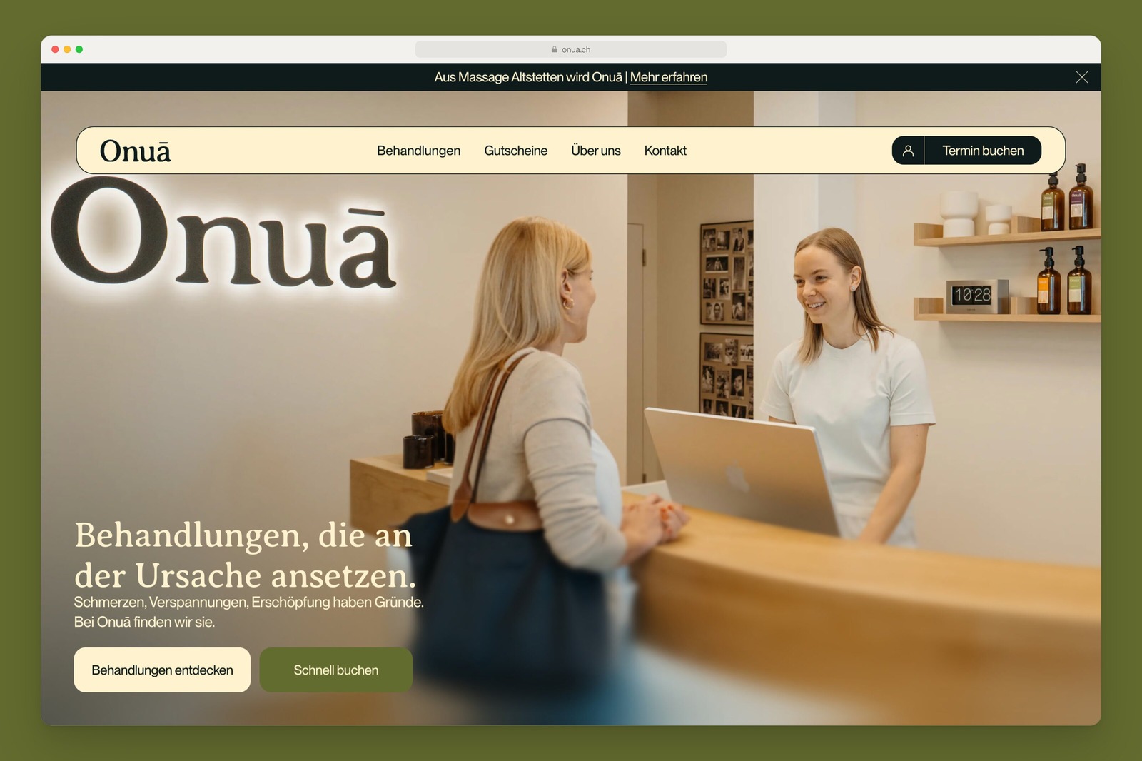 Onuā homepage with a photo of the practice and a way into the treatments