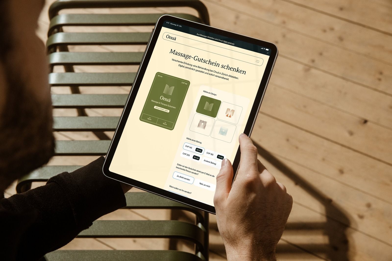 Onuā voucher builder on a tablet