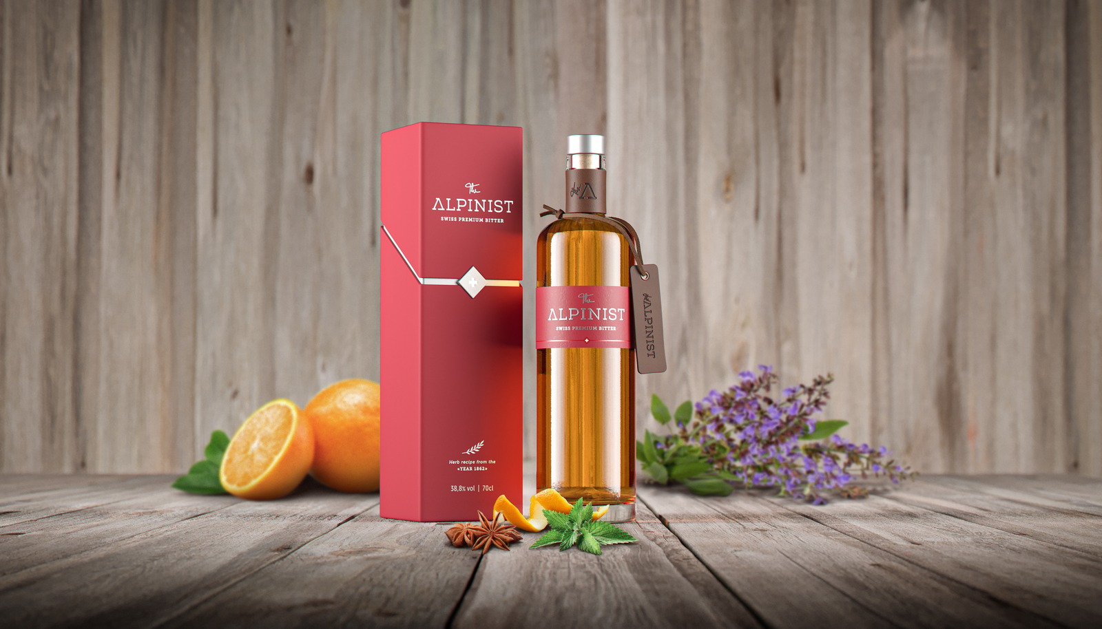 The Alpinist Bitter Flasche und Verpackung auf Holz mit Orangen