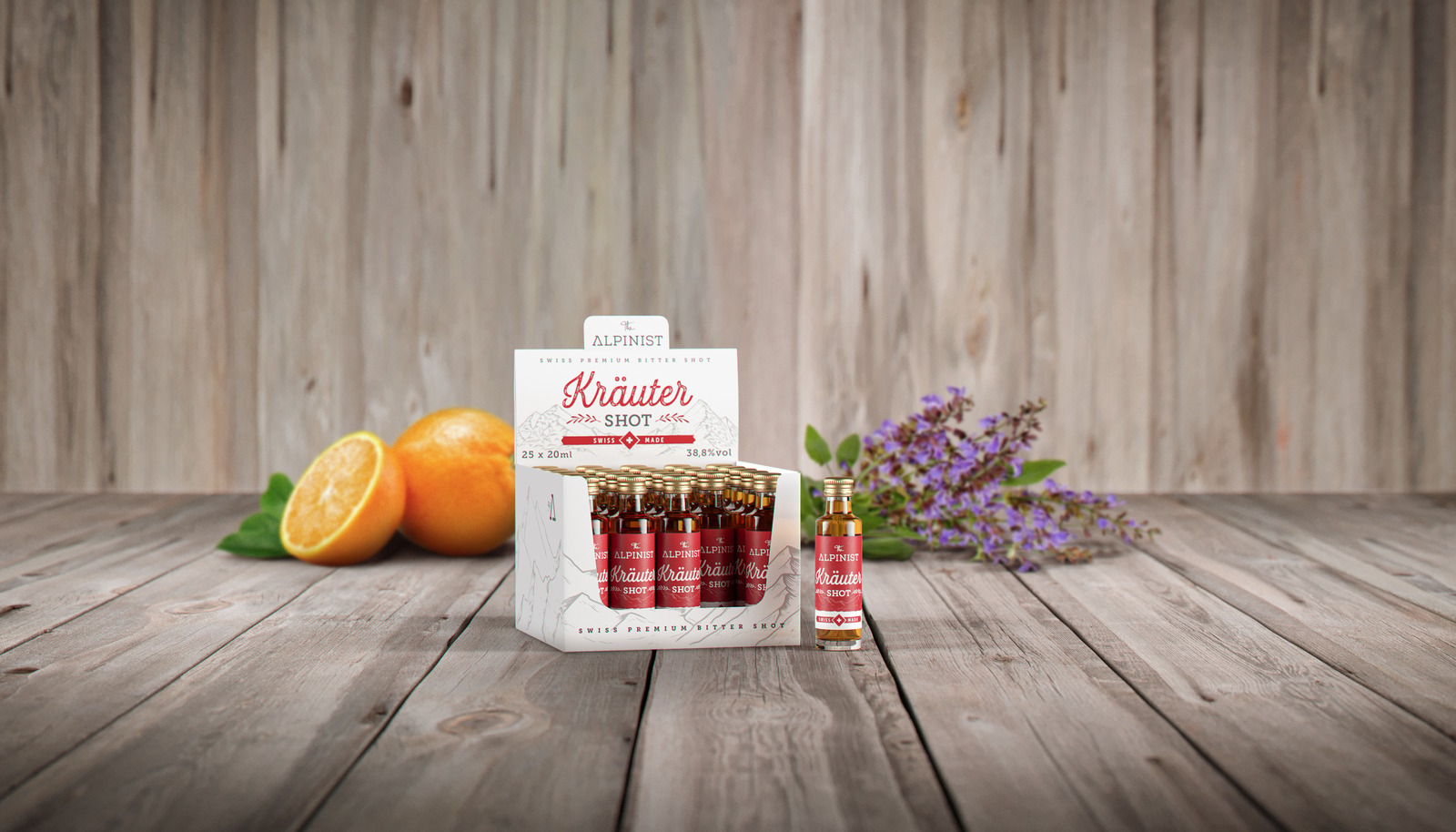 The Alpinist Confiserie Produkt-Rendering auf Holz mit Orangen
