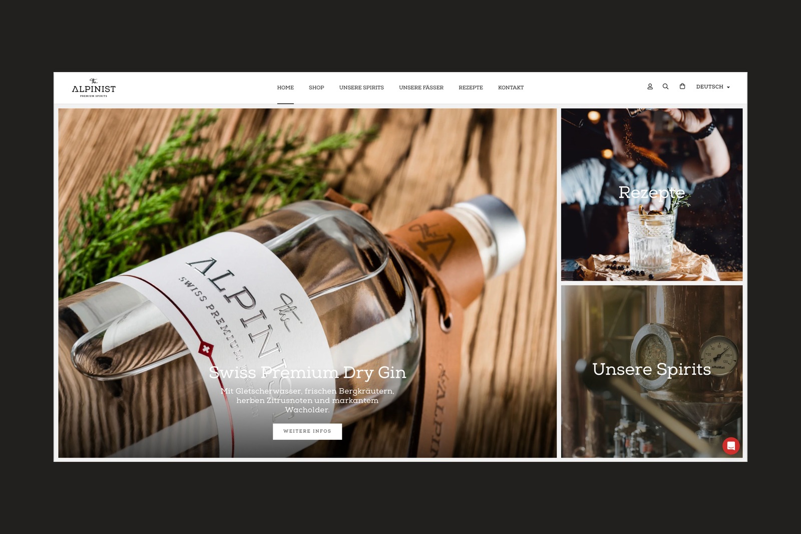 The Alpinist Website Startseite mit Produktkacheln