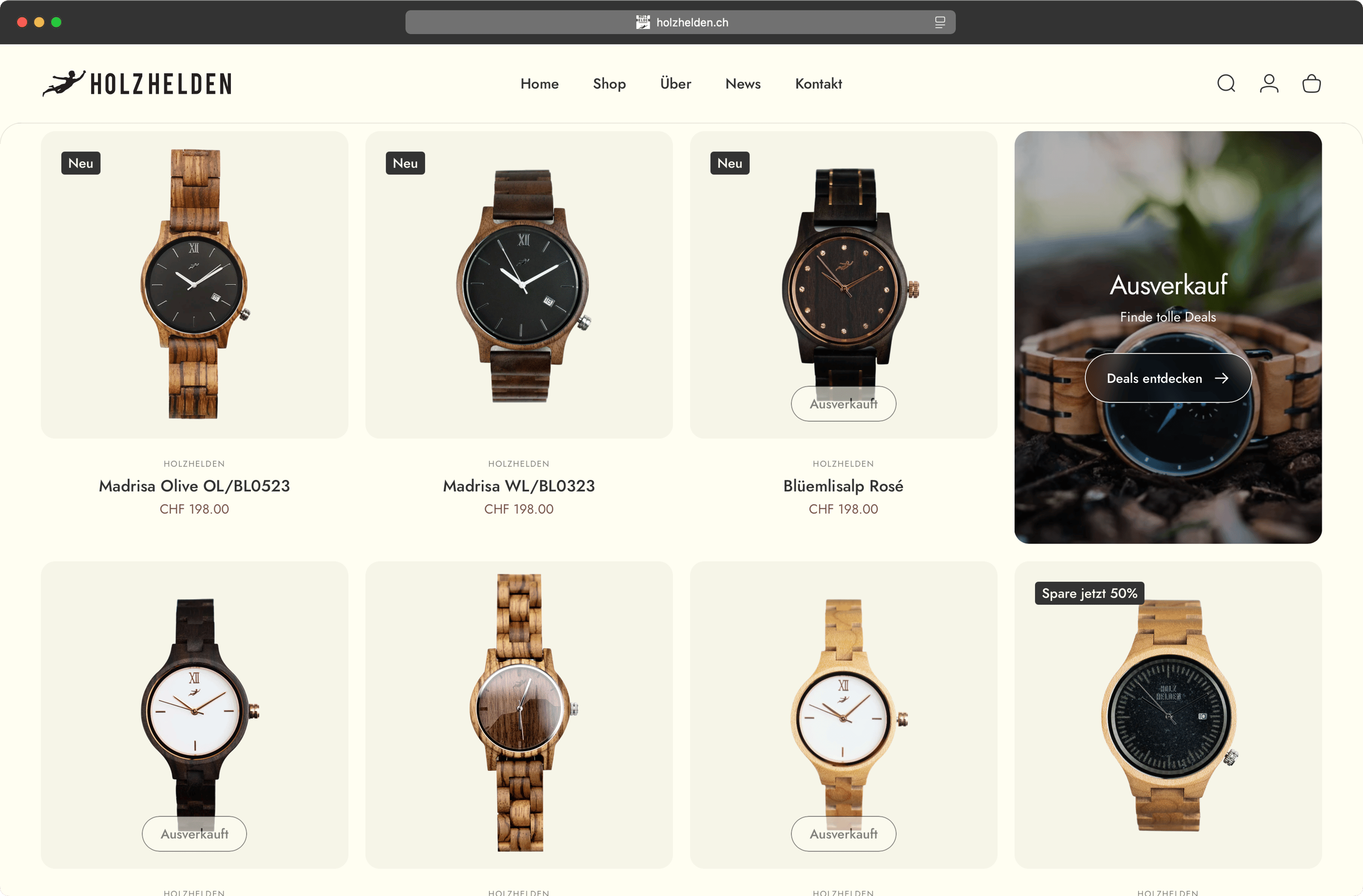 Holzhelden Website Produktgrid mit Holzuhren