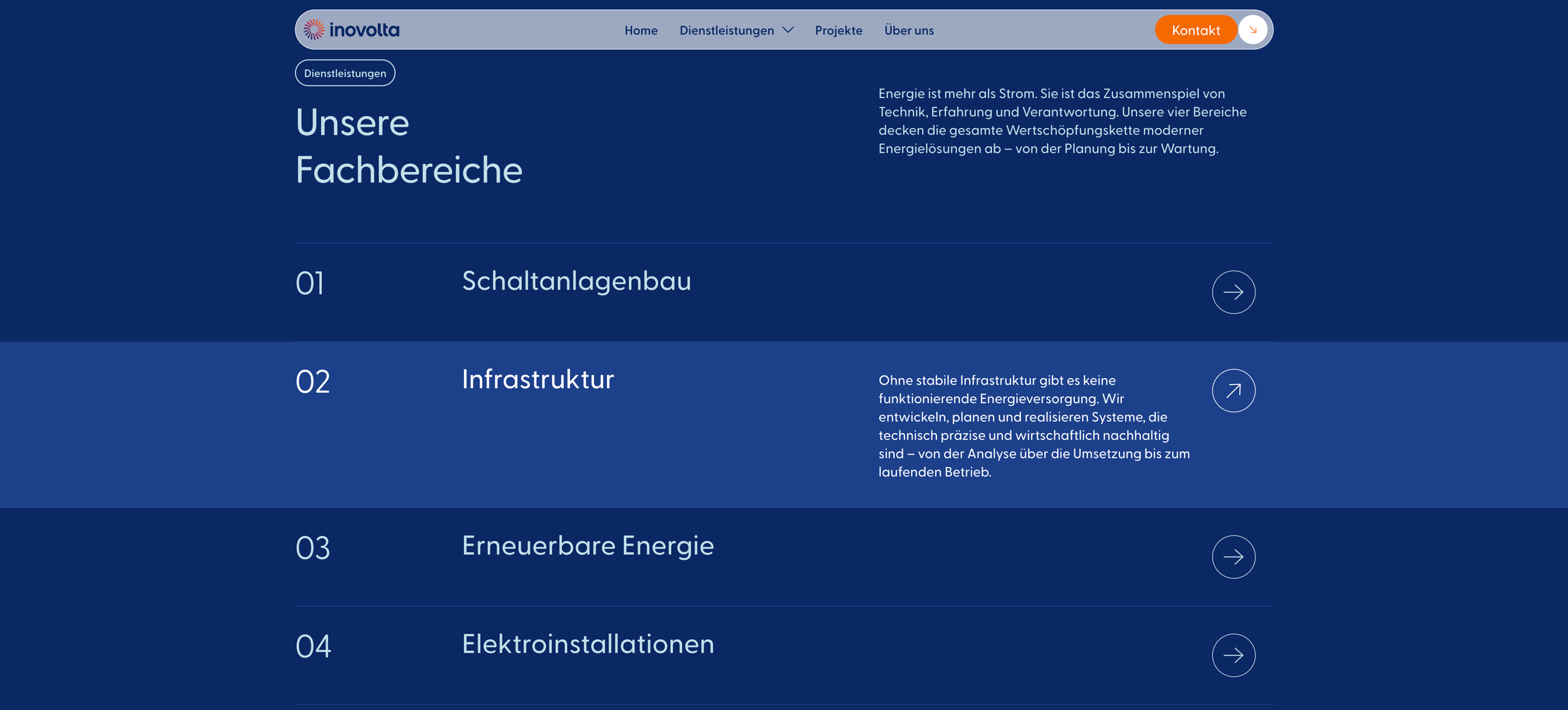 inovolta Website Fachbereiche als Akkordeon