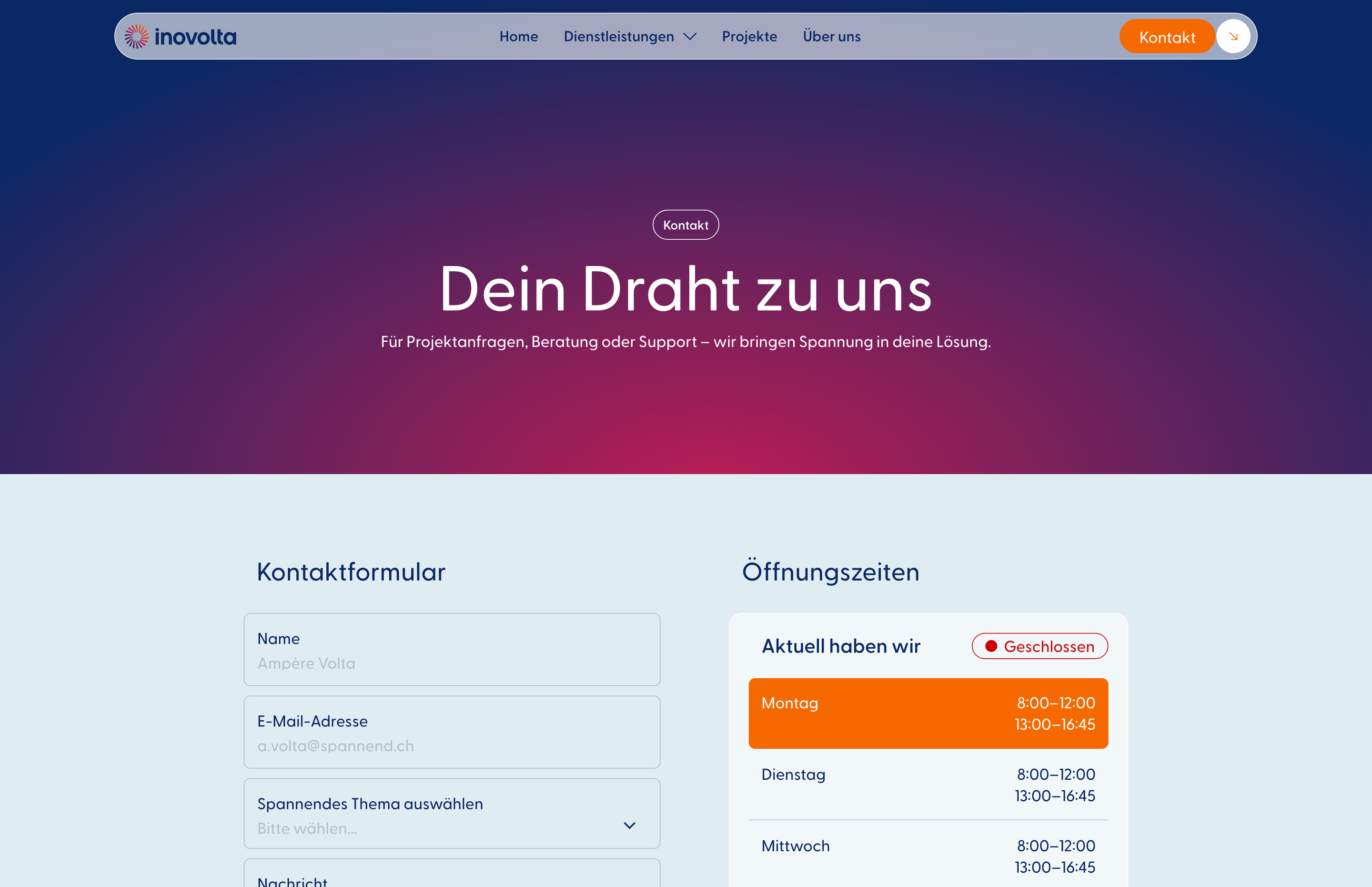 inovolta Website Kontaktformular mit Öffnungszeiten