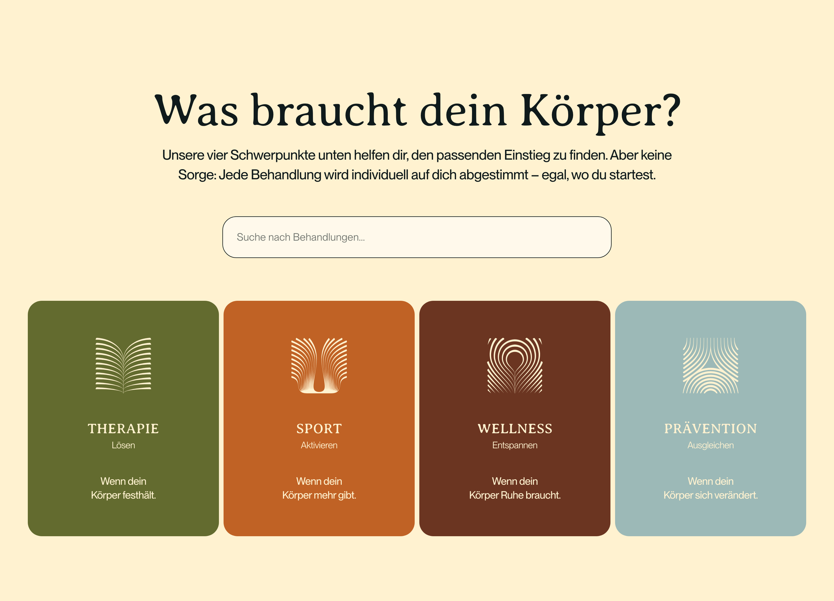 Onuā Website Behandlungsübersicht auf der Startseite