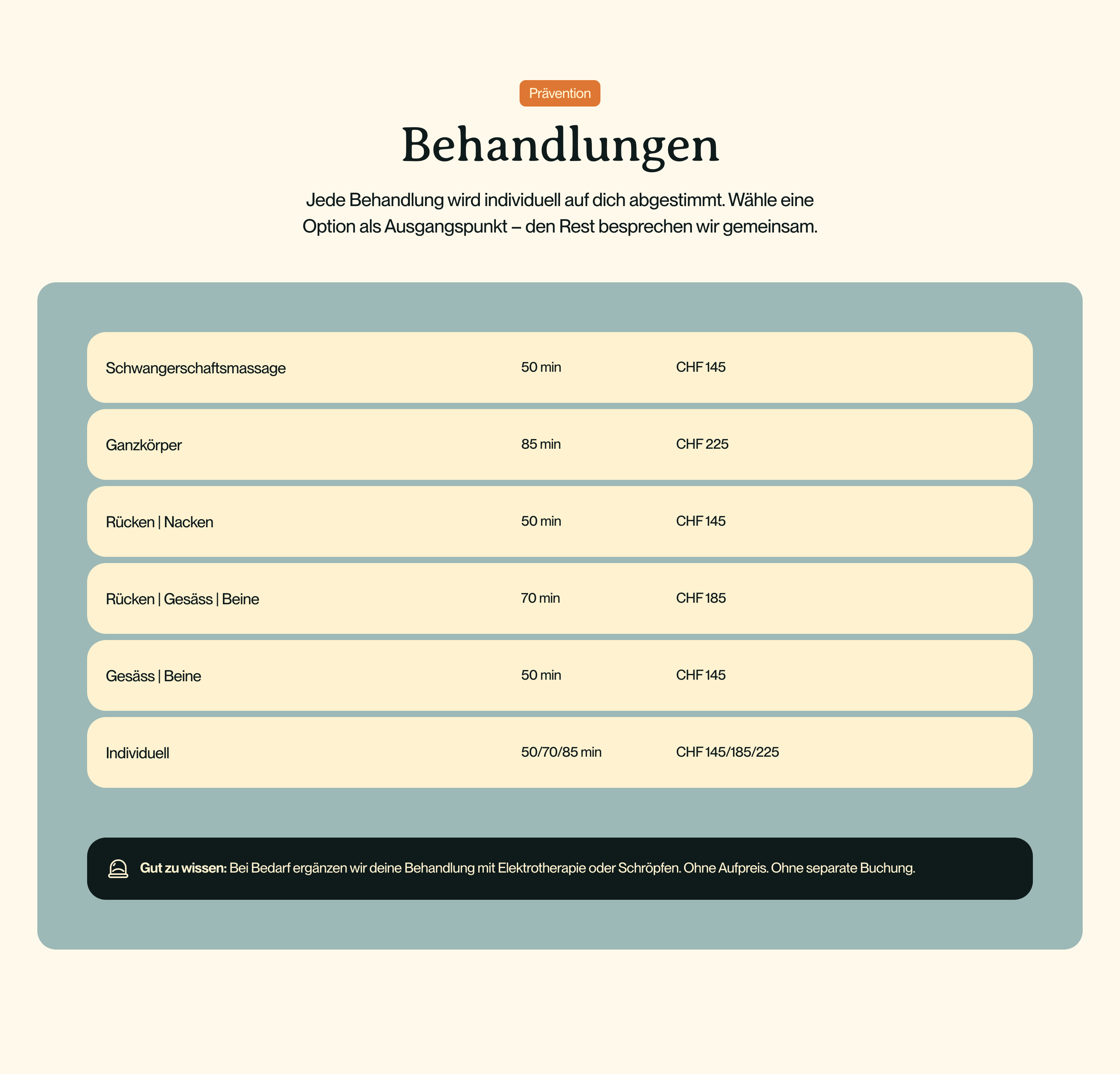 Onuā Prävention-Seite mit Behandlungsliste