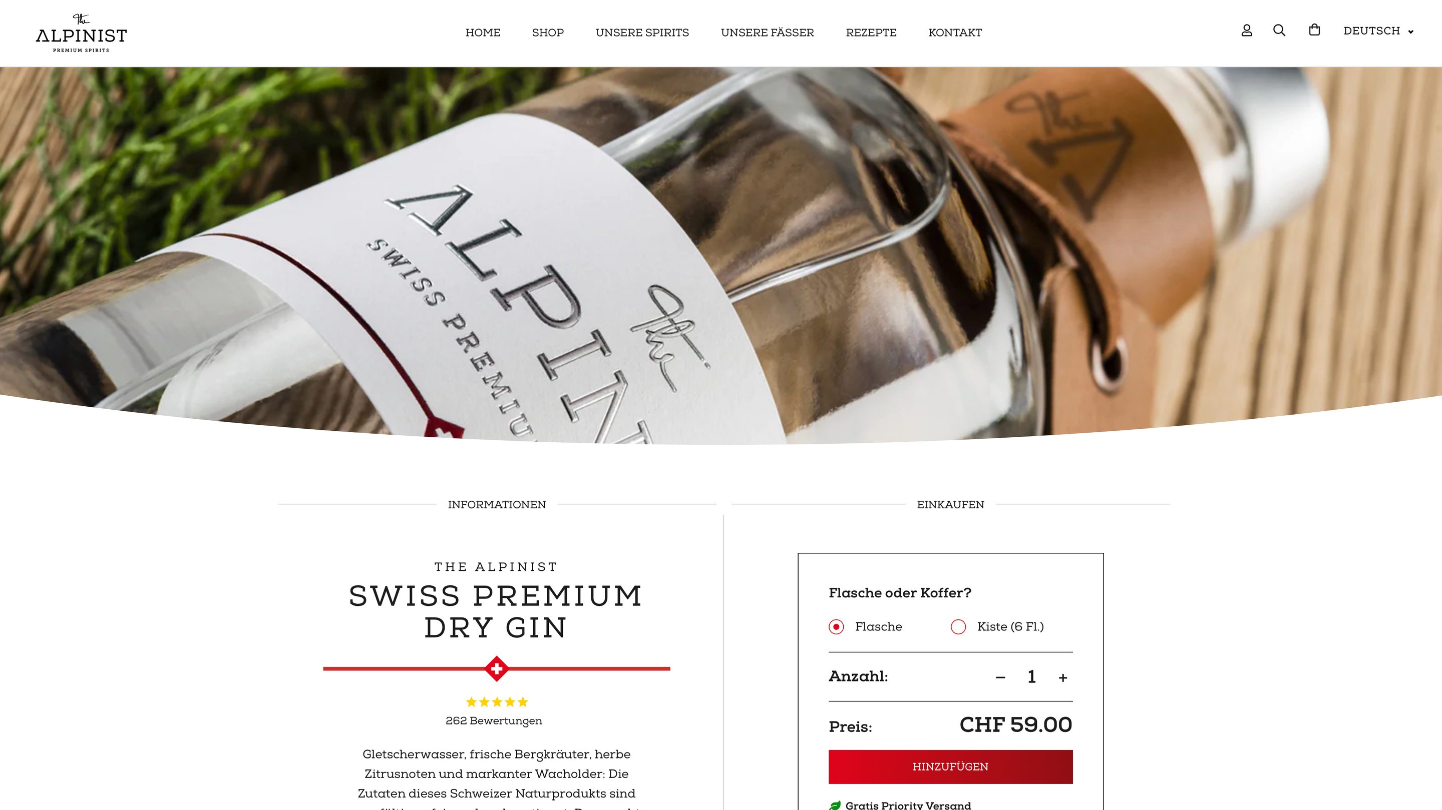 The Alpinist Website Produktdetailseite für Swiss Premium Dry Gin