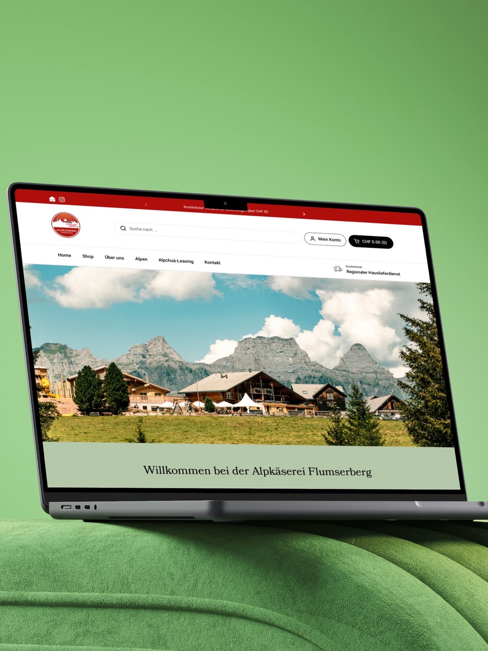 Alpkäserei Flumserberg Website Startseite auf einem Laptop