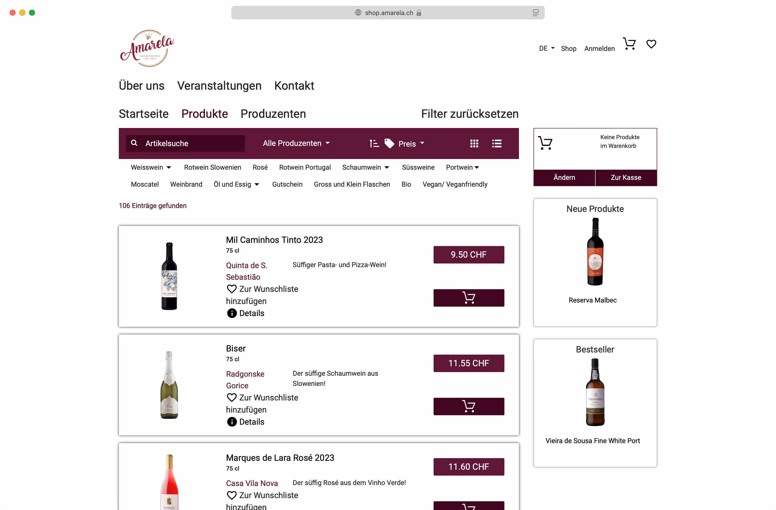Amarela Website vor dem Redesign mit klassischem Shoplayout