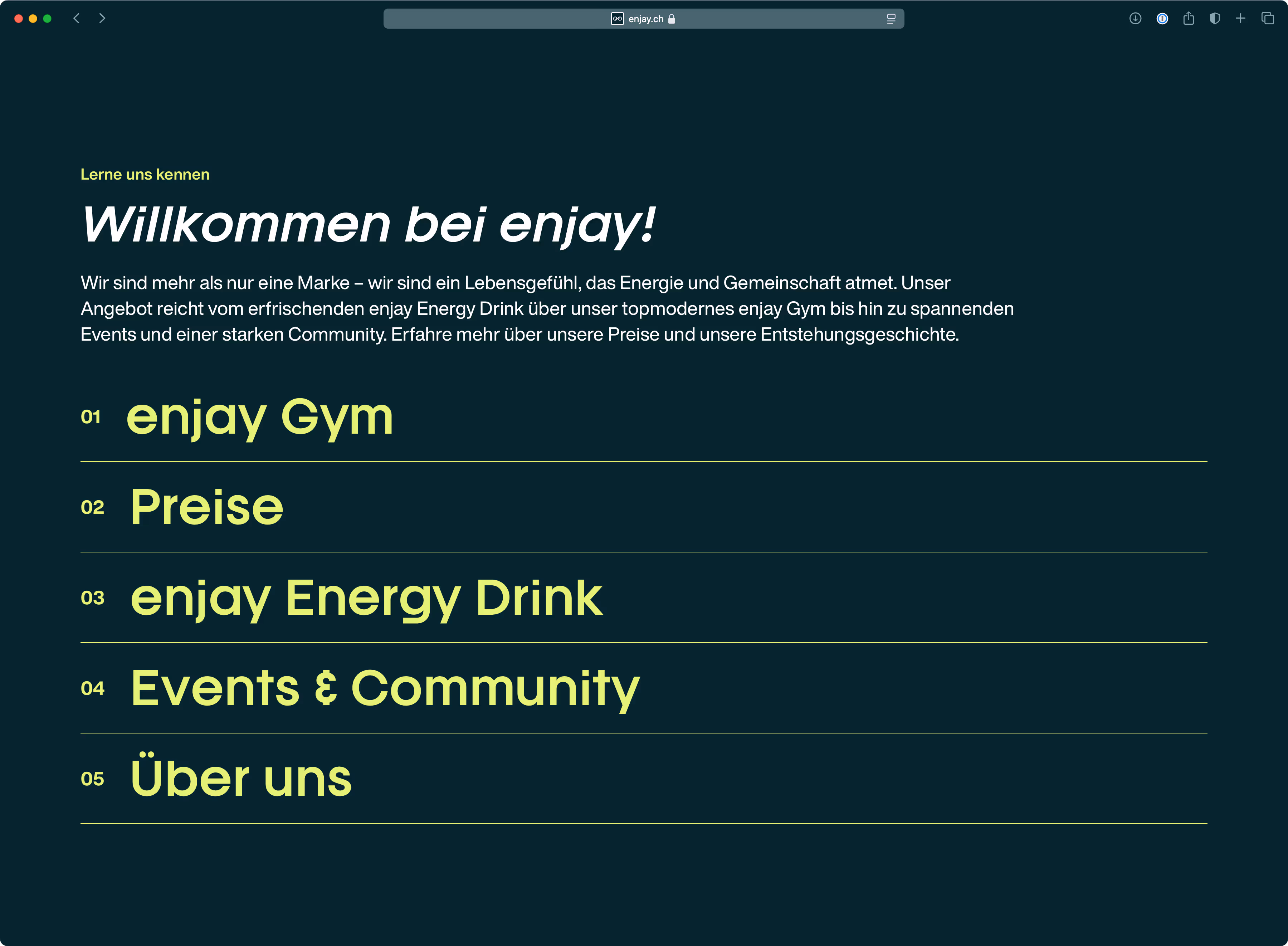 enjay Website Menüübersicht mit Gym, Preisen und Energy Drink