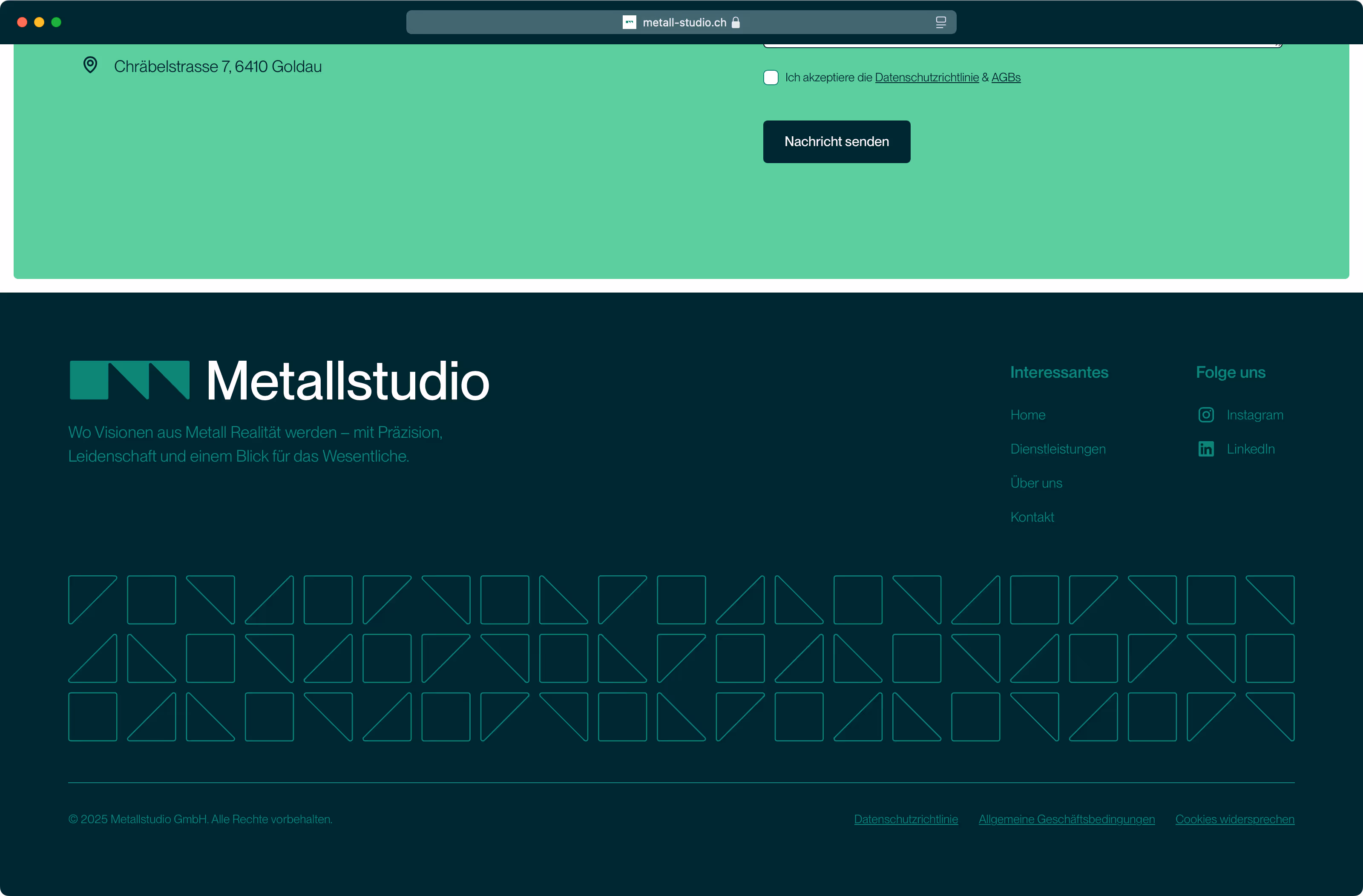 Metallstudio Website Footer mit Call-to-Action