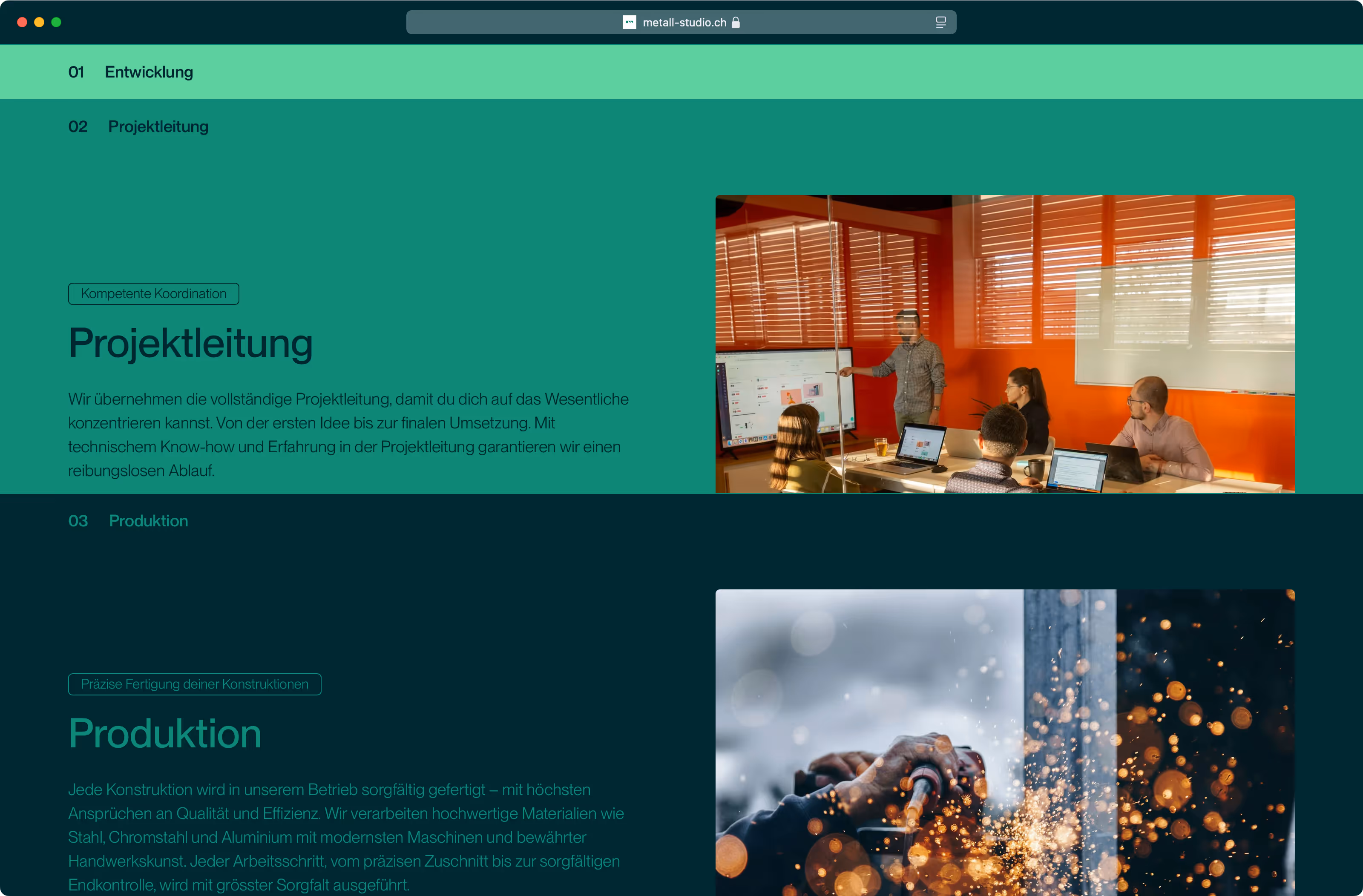Metallstudio Website Abschnitte Projektleitung und Produktion