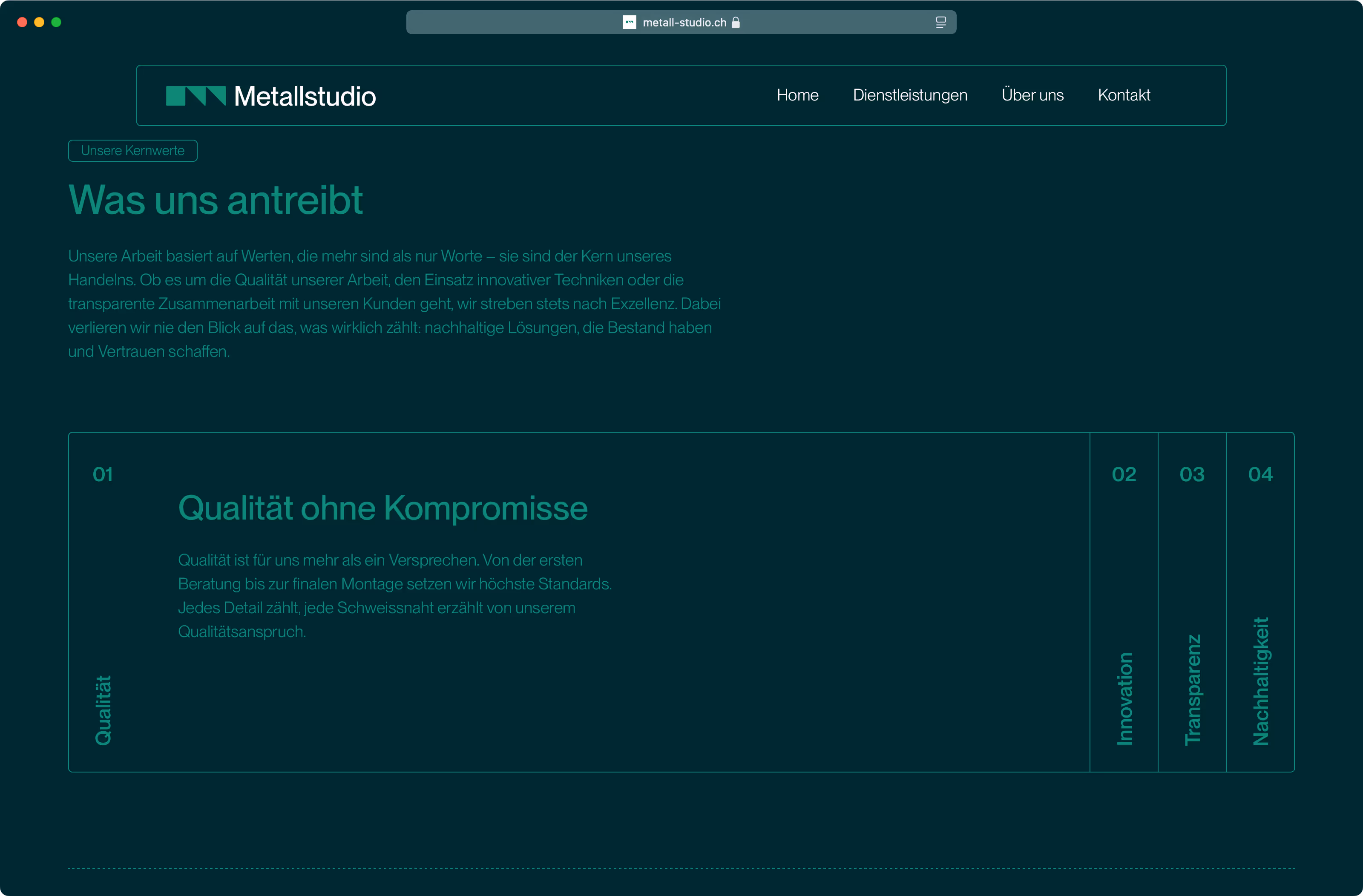 Metallstudio Website Abschnitt Qualität ohne Kompromisse