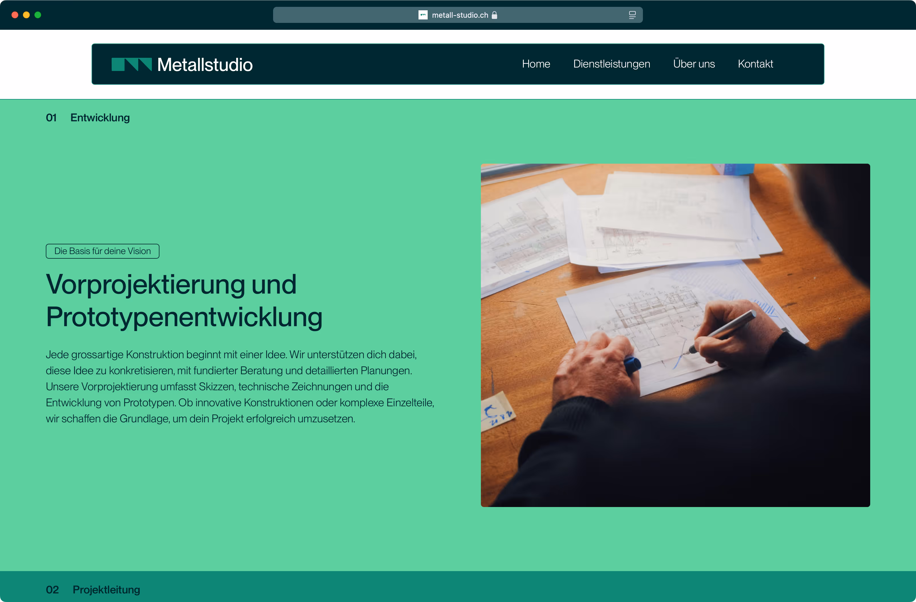 Metallstudio Website Abschnitt Vorprojektierung und Prototypenentwicklung
